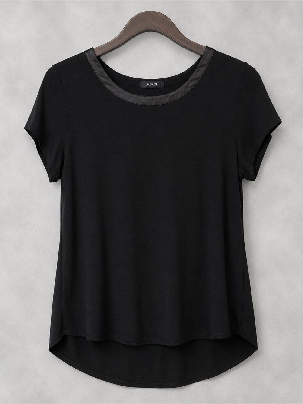 Alfani Black Short Sleeve Scoop Neck Top with Satin Trim